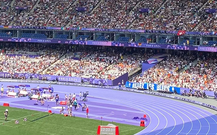 The running track from the Paris 2024 Olympics, pictured from the crowd