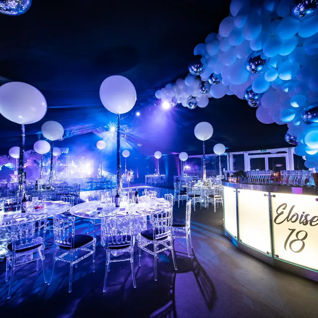 Black out marquee with 100s of balloons