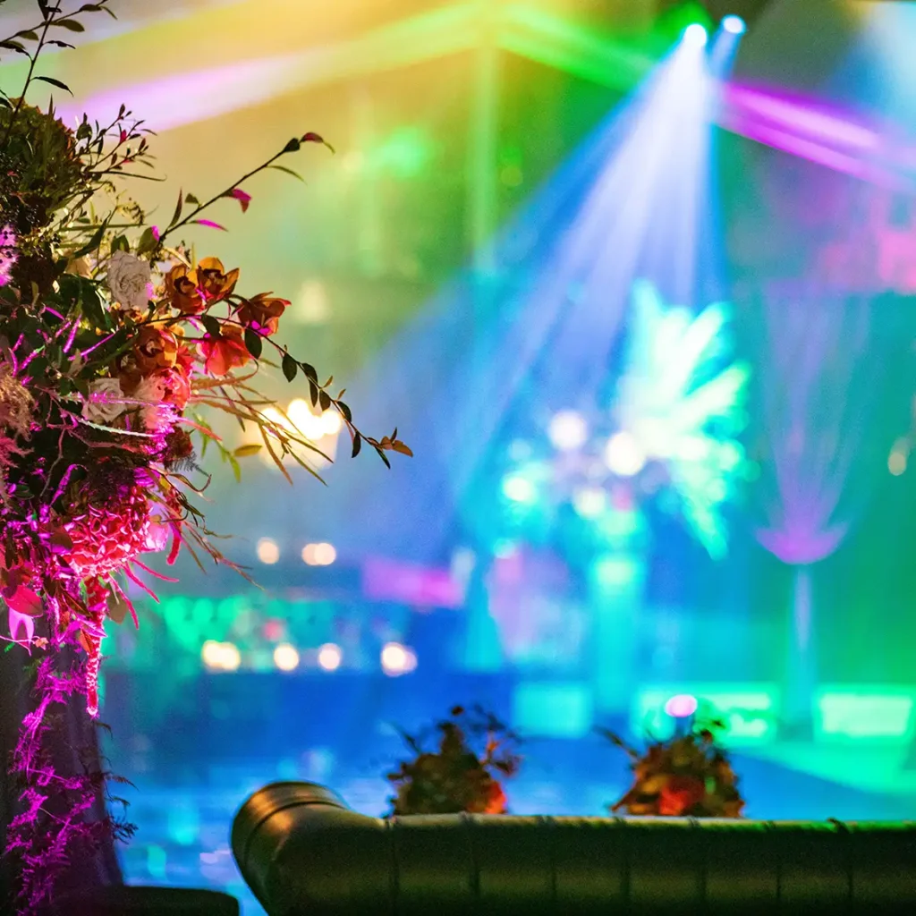 Large floral arrnagement and leather sofa with pin spot lights in pink and green