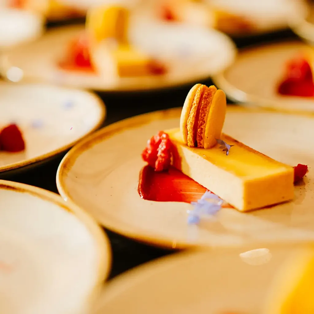 lemon tart with raspberry gel and limoncello macaroon