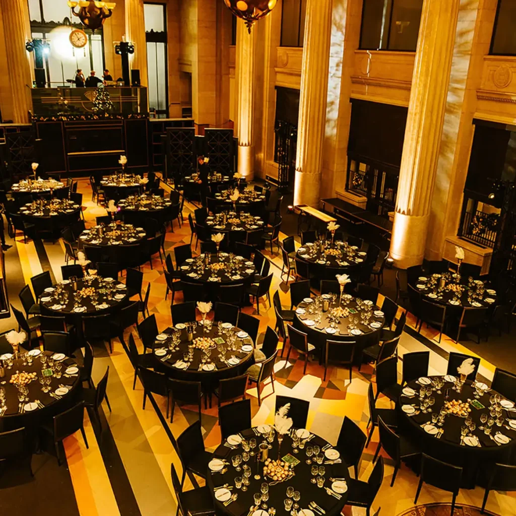 Round tables with black clothes and white features in Banking Hall