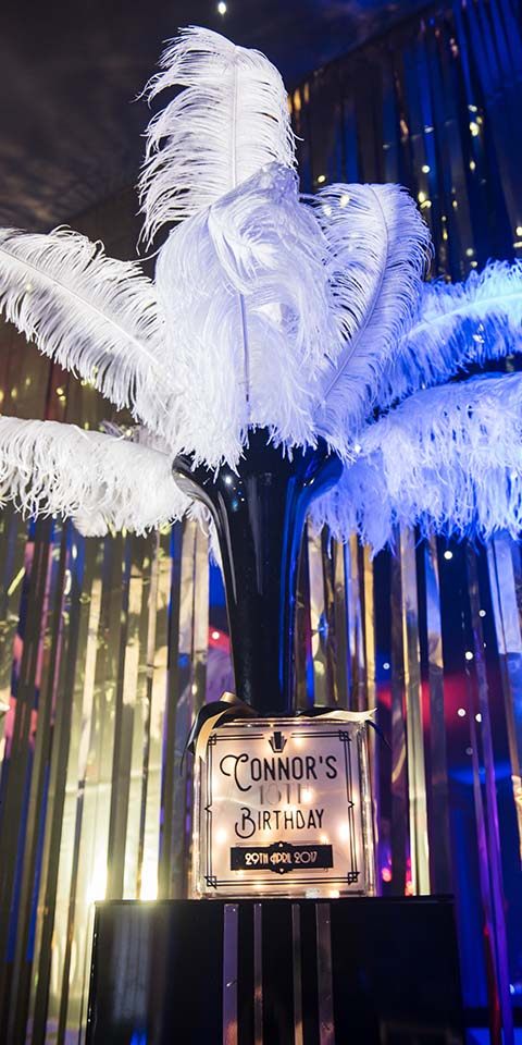 18th Gatsby Marquee party planner feathers