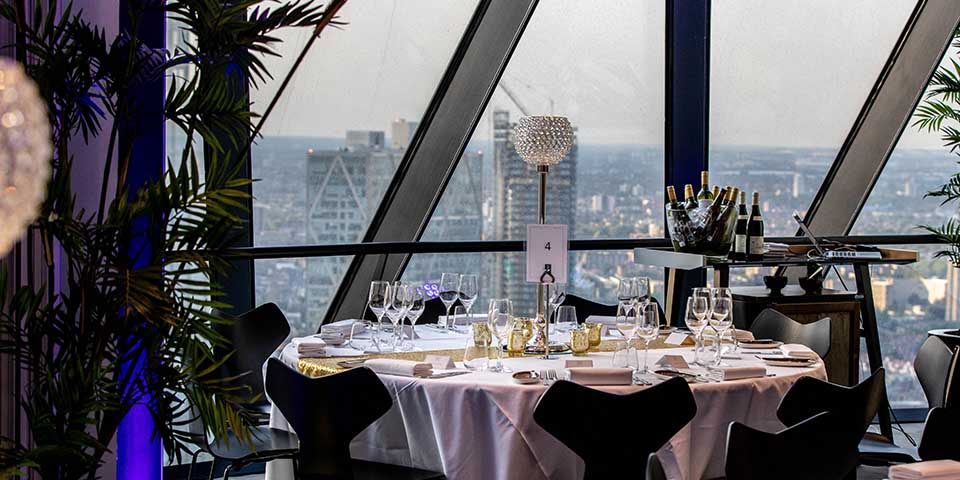 Tables layout with view at Surprise 50th Birthday Party at the Gherkin London