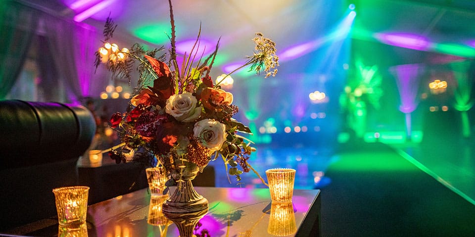 Floral display in marquee for 40th Birthday party