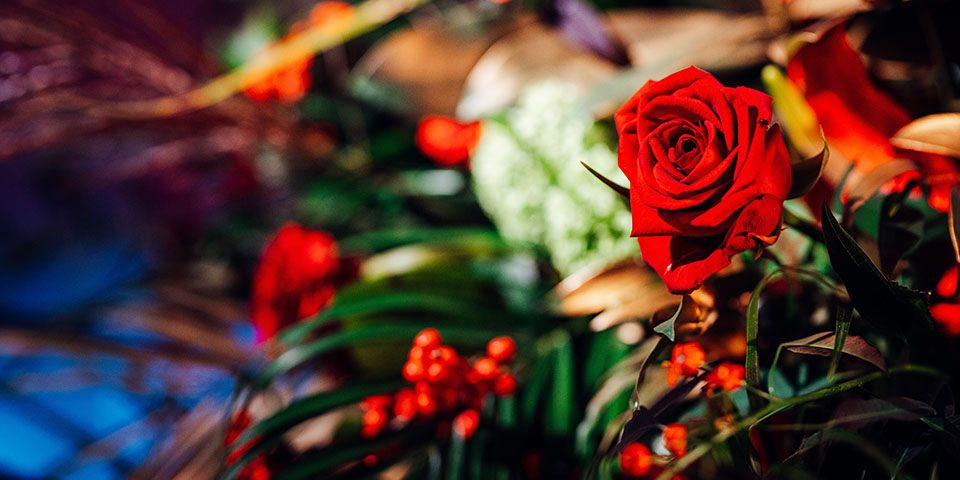 Red rose in floral arrangement at 50th birthday party