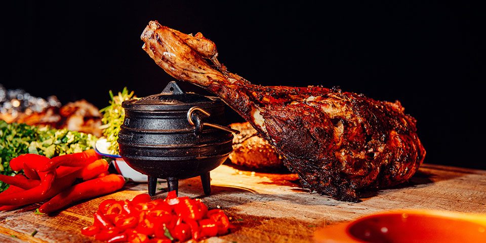 Food display with leg of lamb