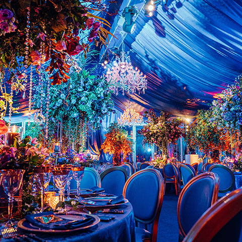 Big Birthday Party Celebration Milestone birthday party in a marquee decorated with floral arrangements, tables and chairs, lighting and luxurious, heavy drapes