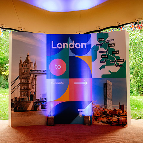 A large banner featuring the word London ans showing an image of Tower bridge in the background. Ready for an incredible corporate summer event